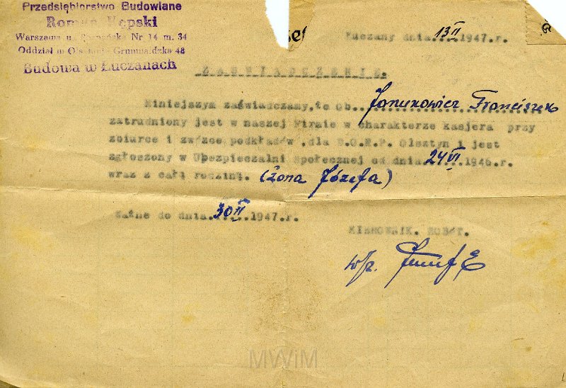 KKE 5906.jpg - Zaświadczenie potwierdzające zatrudnienie dla Franciszka Janukowicz, Łuczany, 13 II 1947 r.
